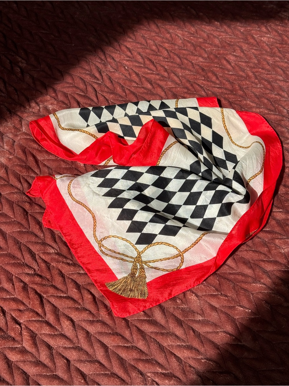 Silk Scarf 52” Red Black Harlequin Diamond Rope Tassel Equestrian Print
